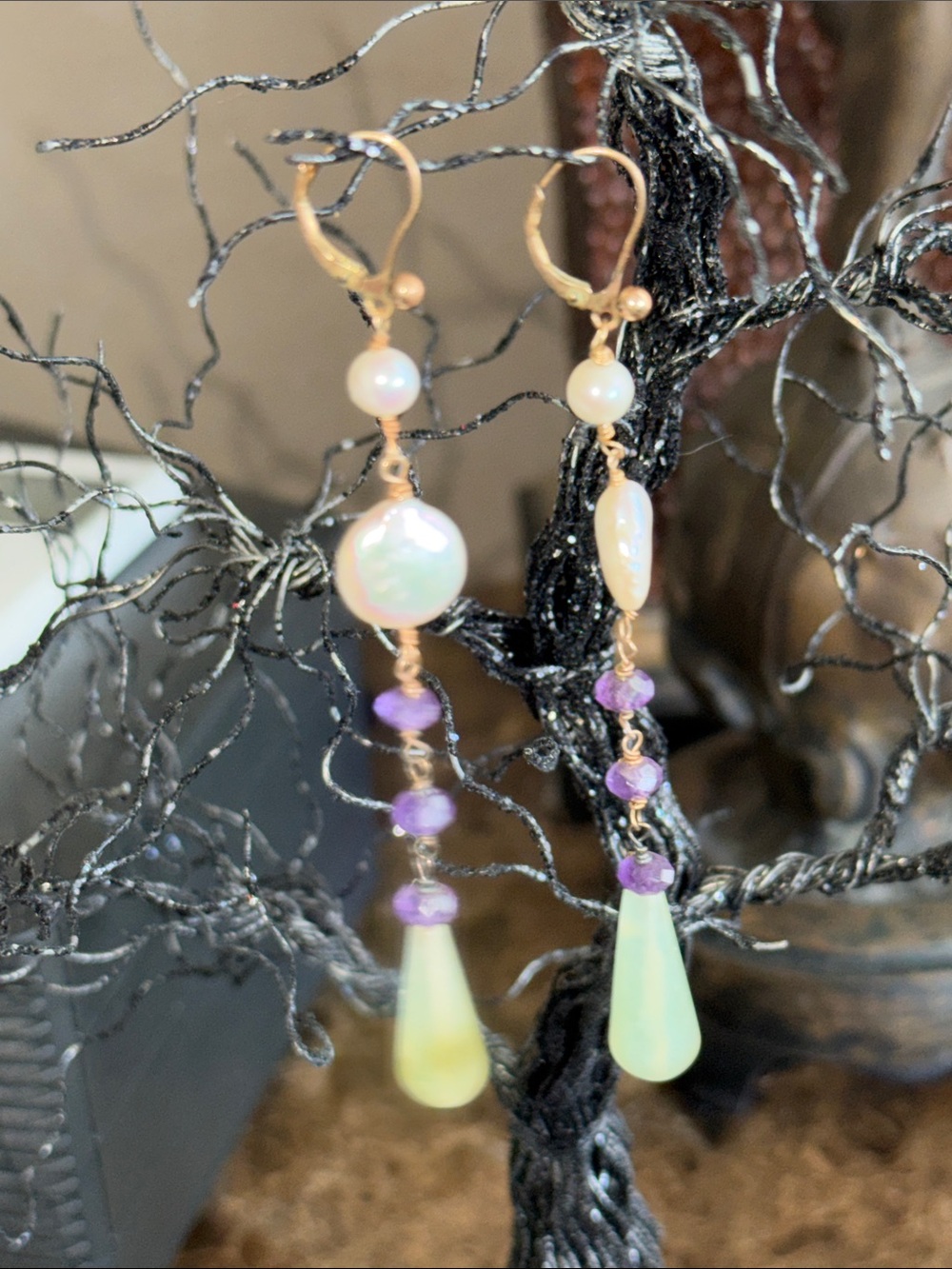 Gold 14kt gf French levers Drop fresh water white coin pearls amethyst teardrop